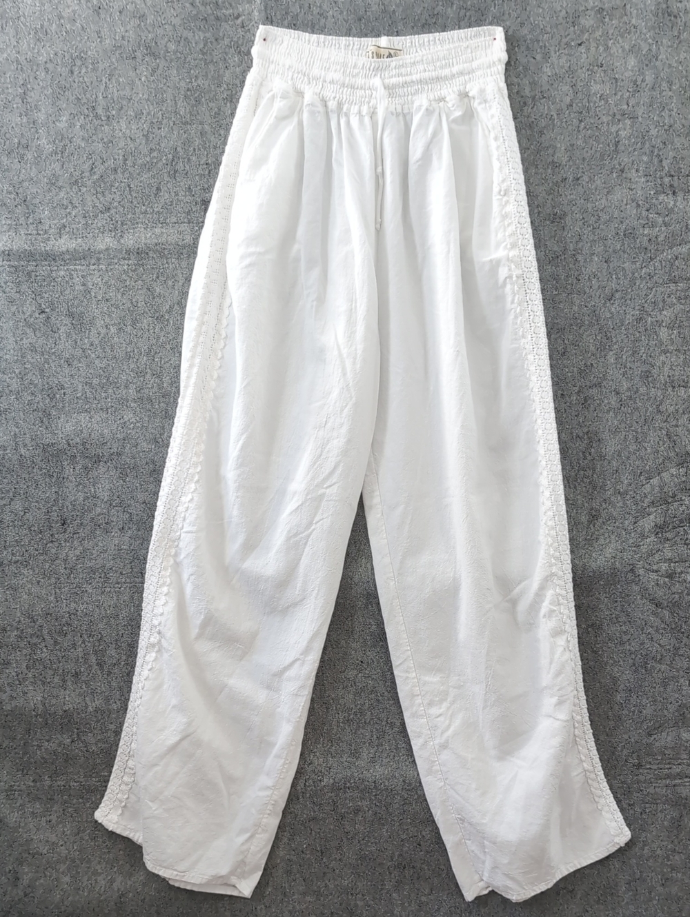 Women's Resort Wear White Wide-Leg Elastic Waist Pants with Side Lace Trim Sz XL